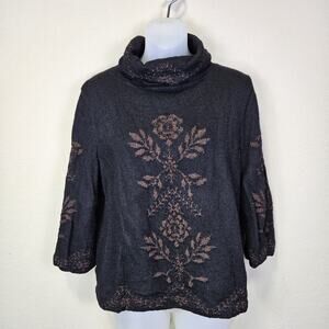 Handloomed Alpaca Wool Sweater Womens L Millma Bolivia Floral Turtleneck Black